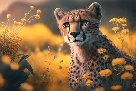 cheetah in the middle of a beautiful yellow wild flower fieldの素材