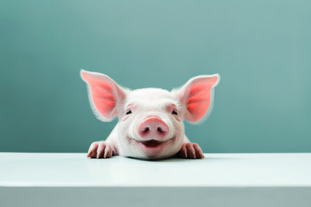 Cute little pig on white table against green background, closeupの素材