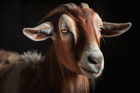 Portrait of a goat with big horns on a black background.の素材