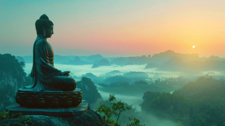 Buddha Contemplating Sunrise Above the Cloudsの素材