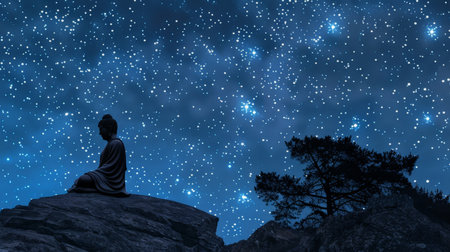 Buddha Statue Under Starry Night Skyの素材