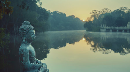Buddha Statue at Lakeside Sunsetの素材