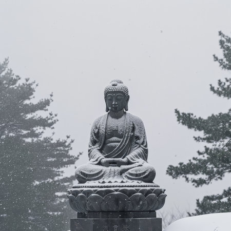 Snowy Buddha Statue in Serene Landscapeの素材