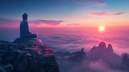 Buddha Contemplating Sunrise Above the Cloudsの素材