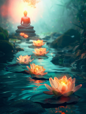 Buddha Statue with Glowing Lotus in Waterの素材