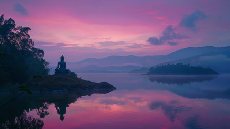Buddha Statue at Twilight over Calm Lakeの素材