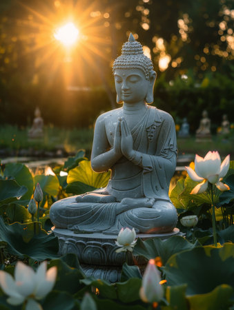 Buddha Statue in Sunlit Lotus Gardenの素材