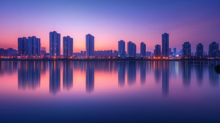Skyline at Twilight Reflecting in Still Waterの素材