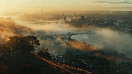 Foggy City Morning with Golden Sunriseの素材