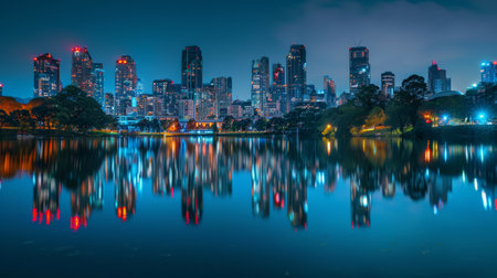 Sunset Skyline Reflection on City Riverの素材