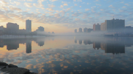 Serene City Waterfront at Sunriseの素材
