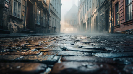 Foggy Cobblestone Street at Sunriseの素材