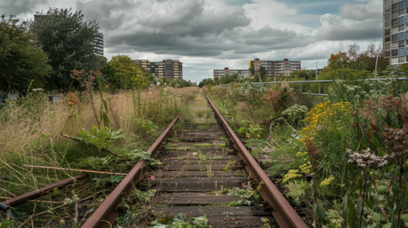 Overgrown Urban Railroad in Autumnの素材