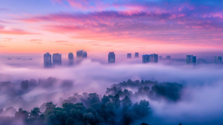 Pastel Sunrise over Foggy Cityscapeの素材