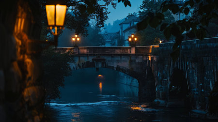 Lamp-lit Bridge over River at Twilightの素材