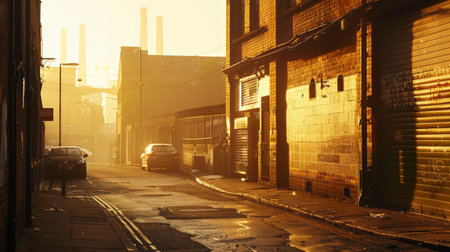 Golden Sunlight on Industrial Streetの素材