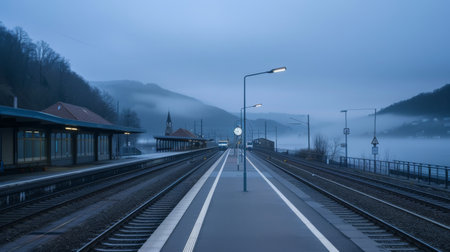 misty, morning, train station, railway, dawn, fog, calm, transport, platform, commute, travel, tracks, sleepy town, early morning, deserted, public transport, serenity, misty hills, street lamps, peaceful, winter, cold, tranquil, rural station, quiet, early hours, empty, foggy morning, train travel, rail transport, station clock, solitude, small town, public transportation, dawn light, village station, bench, daily life, overcast, waiting area, tracksideの素材