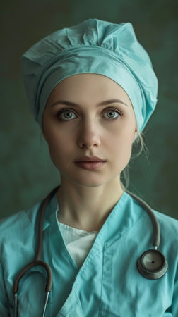 A woman in a scrub hat and stethoscope standing.の素材