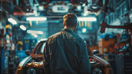 A man standing in front of a car in a garage.の素材