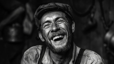 A joyful man, dressed in black and white, smiles warmly.の素材