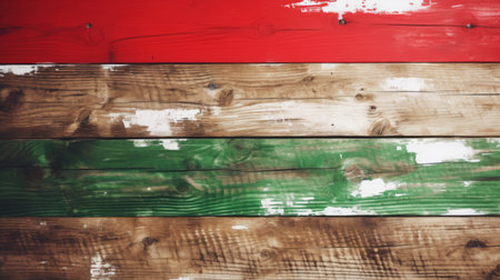 Detailed view of a wooden wall featuring a bold red and green stripe.の素材