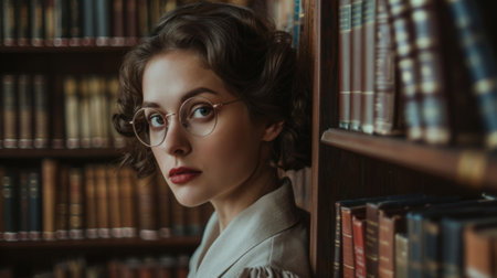 A woman with glasses rests against a bookshelf.の素材