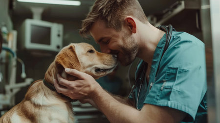 A man sitting, cradling a dog in his lap.の素材