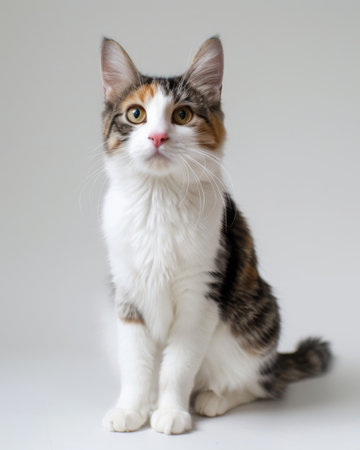 A multicolored cat sits gracefully on a white background.の素材