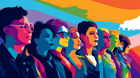 Diverse group of people standing side by side in support of LGBTQ pride.の素材