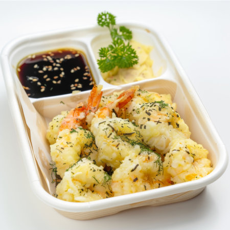 A tray featuring sumptuous shrimp, fluffy rice, and flavorful sauce.の素材