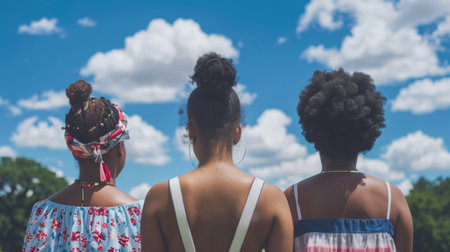 Three women standing strong against a vivid blue sky backdrop.の素材