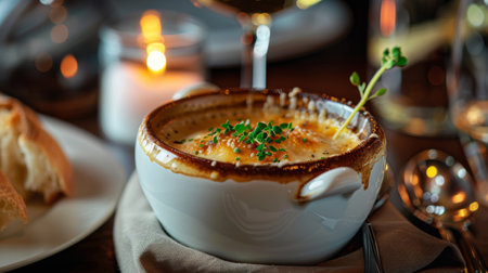 A bowl of French Onion Soup elegantly rests on a rustic table.の素材
