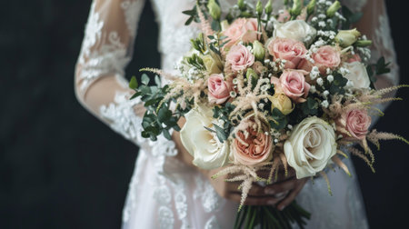 A bride gracefully holding a bouquet of flowers in her hands.の素材