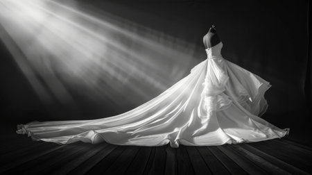 A woman in a wedding dress stands gracefully in front of a bright light.の素材