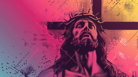 Jesus portrayed in vibrant colors against a colorful backdrop.の素材