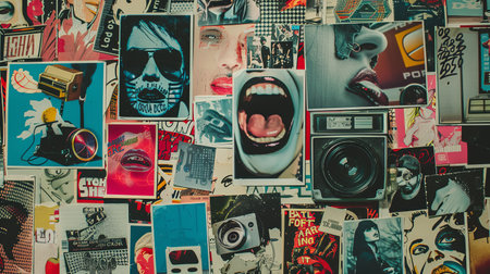 A vibrant wall adorned with a multitude of stickers and pictures.の素材