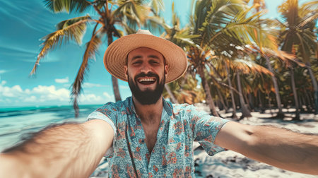 A man with a hat on taking a selfie on the beach.の素材