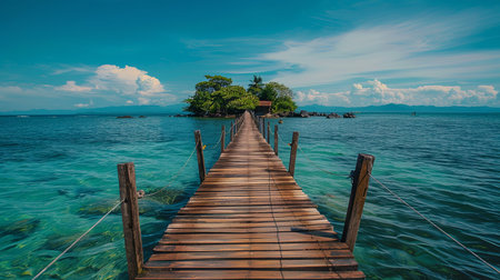 A wooden bridge extends over the ocean toward an island.の素材