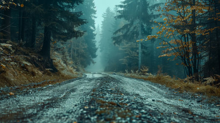 Dirt road winding through forest with trees in background.の素材