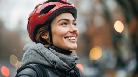 Female cyclist happily wearing protective helmet.の素材