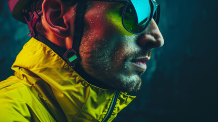 A man standing outdoors, dressed in a yellow jacket and sunglasses.の素材