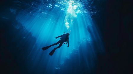 Scuba diver explores dark cave underwater.の素材