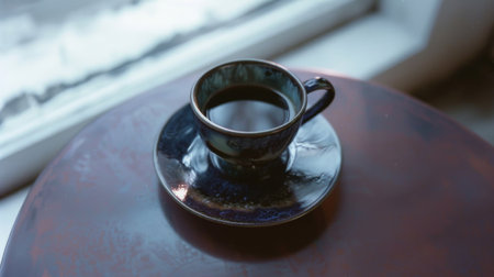 A cup of coffee sits on a table near a window.の素材