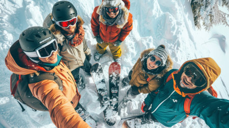 A group of people taking their own photograph with a phone in a snowy landscape.の素材