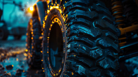 Off-road vehicle parked in the mud, surrounded by dirt and tire tracks.の素材
