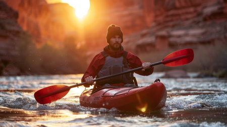 A man at sunset paddles a kayak through a canyon.の素材