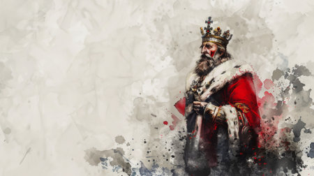 An old wise king wearing a majestic crown with an empty space for text.の素材