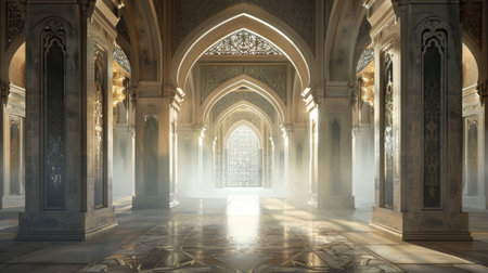 Light floods through windows, illuminating mosque interior.の素材