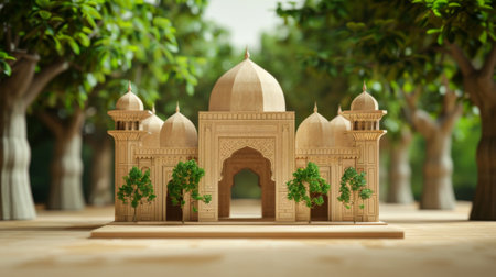 Intricately carved wooden mosque model standing in a picturesque park setting.の素材