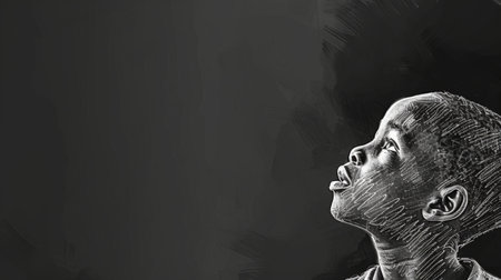 Black and white drawing of a boy gazing upwards with curiosity.の素材